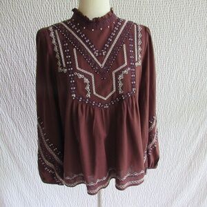 Zara Beaded Embroidered Boho Top S Shirt Blouse Long Slv Brown Purple Ruffle